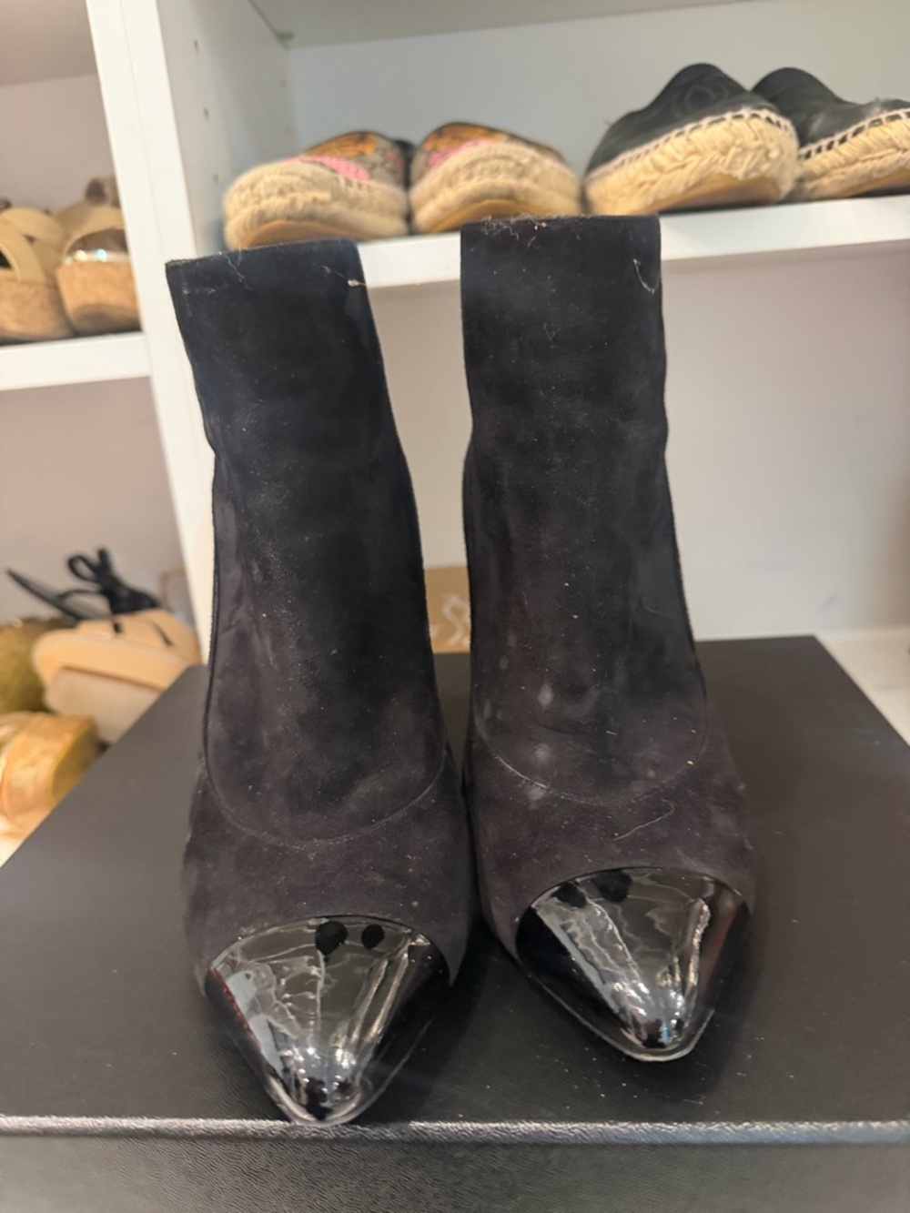 CHANEL Black Suede Ankle Boots with Pearl-Stacked Heels - Picture 3 of 5